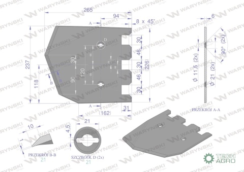 Lemiesz 237 mm, listwowy lewy szerokośćwyorywania 540, zastosowanie Grimme, Waryński