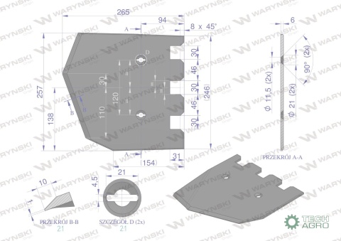 Lemiesz 257 mm, listwowy lewy szerokośćwyorywania 580, zastosowanie Grimme, Waryński