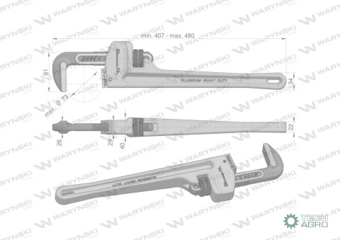 Klucz do rur typ amerykański 18" uchwyt aluminium wzmocniony szczęki CrMo max średnica Waryński