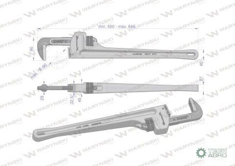 Klucz do rur typ amerykański 24" uchwyt aluminium wzmocniony szczęki CrMo max średnica Waryński