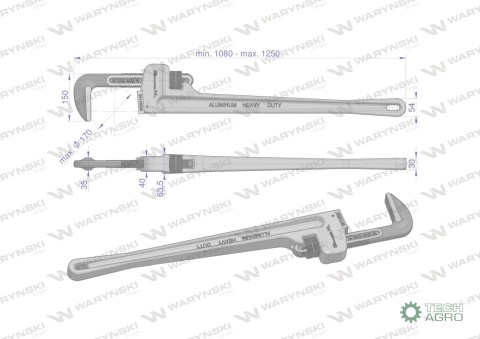 Klucz do rur typ amerykański 48" uchwyt aluminium wzmocniony szczęki CrMo max średnica Waryński