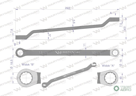 Klucz oczkowy odsadzony 10 x 11 mm. CrVstandard ASME B107.9 Waryński
