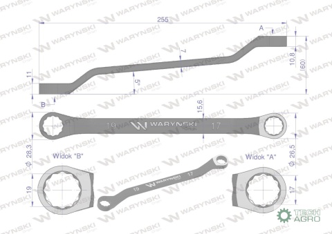 Klucz oczkowy odsadzony 17 x 19 mm. CrVstandard ASME B107.9 Waryński