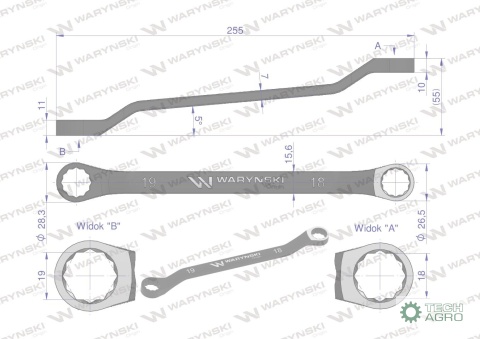 Klucz oczkowy odsadzony 18 x 19 mm. CrVstandard ASME B107.9 Waryński