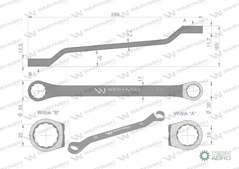 Klucz oczkowy odsadzony 19 x 22 mm. CrVstandard ASME B107.9 Waryński