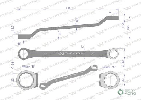 Klucz oczkowy odsadzony 20 x 22 mm. CrVstandard ASME B107.9 Waryński