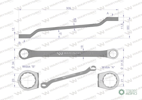 Klucz oczkowy odsadzony 21 x 23 mm. CrVstandard ASME B107.9 Waryński