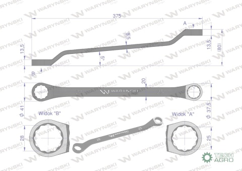 Klucz oczkowy odsadzony 25 x 28 mm. CrVstandard ASME B107.9 Waryński