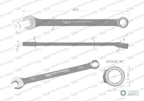 Klucz płasko-oczkowy 10 mm. CrV standard ASME B107-2010 Waryński
