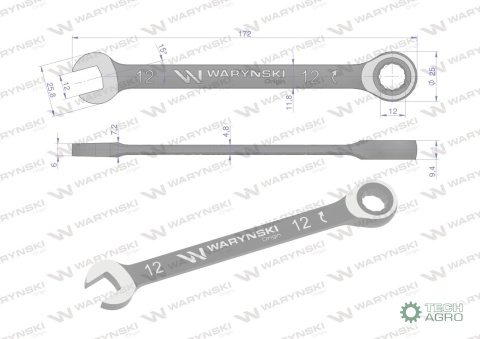 Klucz płasko-oczkowy 12 mm z grzechotką72 zęby standard ASME B107-2010 Waryński