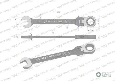 Klucz płasko-oczkowy 15 mm z grzechotką72 zęby i przegubem Waryński