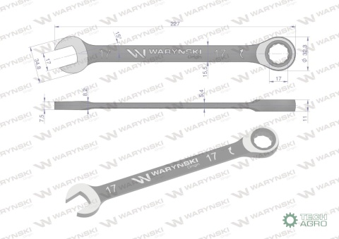 Klucz płasko-oczkowy 17 mm z grzechotką72 zęby standard ASME B107-2010 Waryński