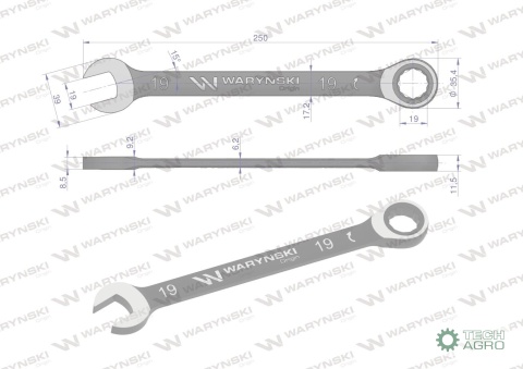 Klucz płasko-oczkowy 19 mm z grzechotką72 zęby standard ASME B107-2010 Waryński