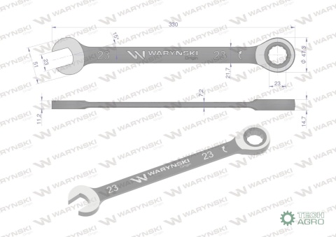 Klucz płasko-oczkowy 23 mm z grzechotką72 zęby standard ASME B107-2010 Waryński
