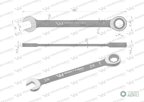 Klucz płasko-oczkowy 24 mm z grzechotką72 zęby standard ASME B107-2010 Waryński