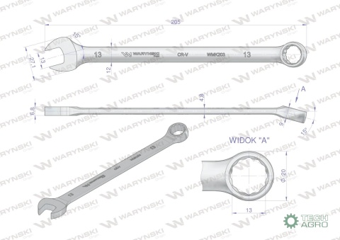Klucz płaskooczkowy extra długi 13mm dł205mm standard ASME B107.9M Waryński