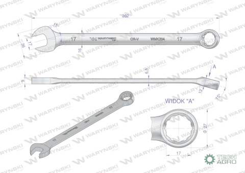 Klucz płaskooczkowy extra długi 17mm dł262mm standard ASME B107.9M Waryński