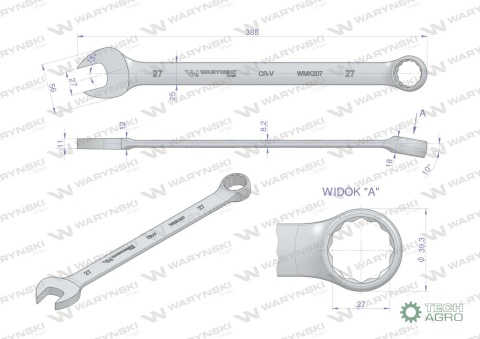 Klucz płaskooczkowy extra długi 27mm dł388mm standard ASME B107.9M Waryński