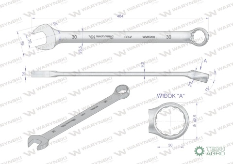 Klucz płaskooczkowy extra długi 30mm dł404mm standard ASME B107.9M Waryński