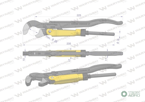 Szczypce nastawne szwedzkie do rur szczęki typ S o rozstawie max 25mm długość 235mm Waryński