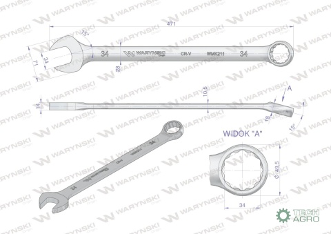 Klucz płaskooczkowy extra długi 34mm dł471mm standard ASME B107.9M Waryński