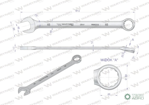Klucz płaskooczkowy extra długi 46mm dł613mm standard ASME B107.9M Waryński