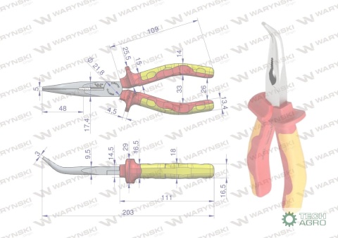 Szczypce izolowane, wydłużone wygięte 200 mm. VDE. Waryński