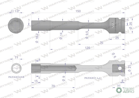 Nasadka udarowa 1/2", sześciokątna slimbardzo długa przelotowa ze stali CrMo 11mm długość 150 mm, stosowane w mechanice do klucz