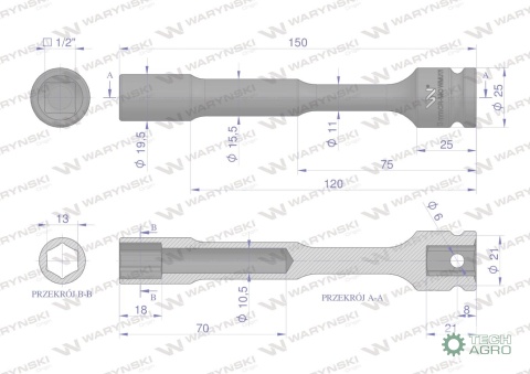 Nasadka udarowa 1/2", sześciokątna slimbardzo długa przelotowa ze stali CrMo 13mm długość 150 mm, stosowane w mechanice do klucz