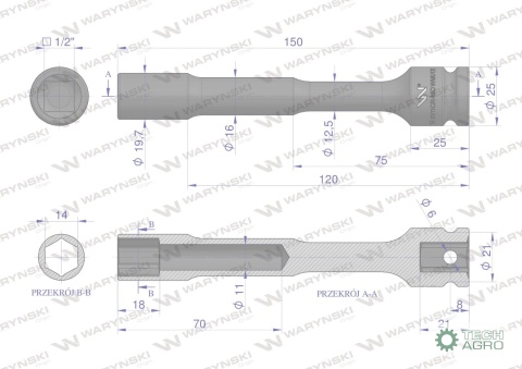 Nasadka udarowa 1/2", sześciokątna slimbardzo długa przelotowa ze stali CrMo 14mm długość 150 mm, stosowane w mechanice do klucz