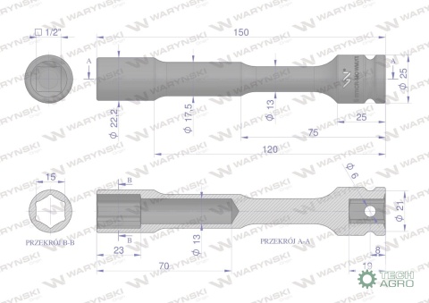 Nasadka udarowa 1/2", sześciokątna slimbardzo długa przelotowa ze stali CrMo 15mm długość 150 mm, stosowane w mechanice do klucz