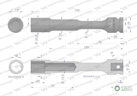 Nasadka udarowa 1/2", sześciokątna slimbardzo długa przelotowa ze stali CrMo 16mm długość 150 mm, stosowane w mechanice do klucz