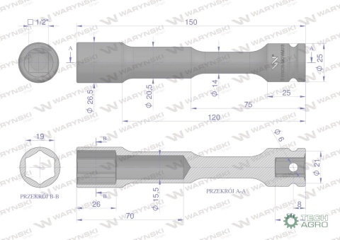 Nasadka udarowa 1/2", sześciokątna slimbardzo długa przelotowa ze stali CrMo 19mm długość 150 mm, stosowane w mechanice do klucz