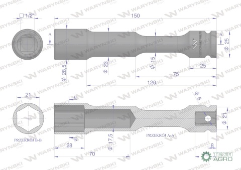 Nasadka udarowa 1/2", sześciokątna slimbardzo długa przelotowa ze stali CrMo 21mm długość 150 mm, stosowane w mechanice do klucz