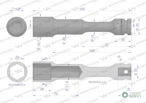 Nasadka udarowa 1/2", sześciokątna slimbardzo długa przelotowa ze stali CrMo 22mm długość 150 mm, stosowane w mechanice do klucz