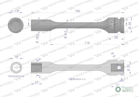 Nasadka udarowa 1/2", sześciokątna slimbardzo długa ze stali CrMo 12mm długość 150 mm, stosowane w mechanice do kluczy udarowych