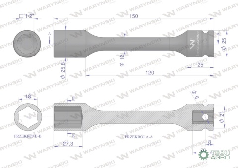 Nasadka udarowa 1/2", sześciokątna slimbardzo długa ze stali CrMo 18mm długość 150 mm, stosowane w mechanice do kluczy udarowych