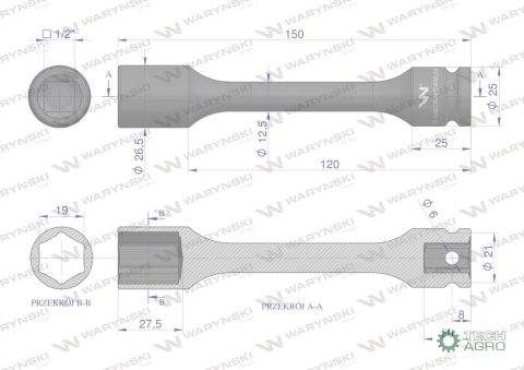 Nasadka udarowa 1/2", sześciokątna slimbardzo długa ze stali CrMo 19mm długość 150 mm, stosowane w mechanice do kluczy udarowych