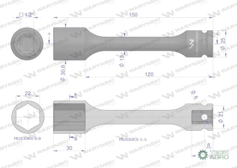 Nasadka udarowa 1/2", sześciokątna slimbardzo długa ze stali CrMo 22mm długość 150 mm, stosowane w mechanice do kluczy udarowych