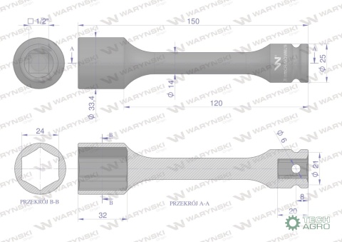 Nasadka udarowa 1/2", sześciokątna slimbardzo długa ze stali CrMo 24mm długość 150 mm, stosowane w mechanice do kluczy udarowych