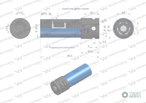 Nasadka udarowa 1/2 ze stali CrMo 17mm z magnesem i osłoną do felg aluminiowych Waryński