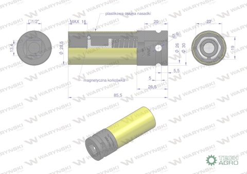 Nasadka udarowa 1/2 ze stali CrMo 19mm z magnesem i osłoną do felg aluminiowych Waryński