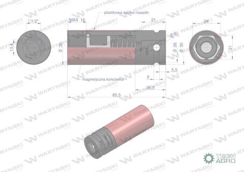 Nasadka udarowa 1/2 ze stali CrMo 21mm z magnesem i osłoną do felg aluminiowych Waryński