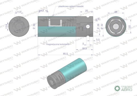 Nasadka udarowa 1/2 ze stali CrMo 22mm z magnesem i osłoną do felg aluminiowych Waryński