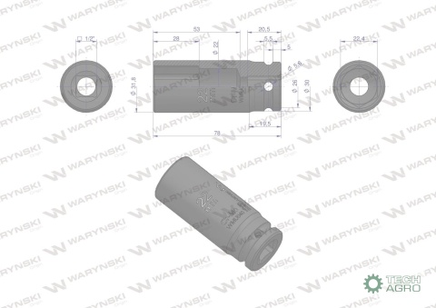 Nasadka udarowa sześciokątna długa 1/2". 22 mm. CrMo. DIN 3129. Waryński
