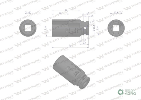 Nasadka udarowa sześciokątna długa 1/2"25 mm. CrMo. DIN 3129. Waryński