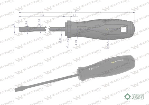 Wkrętak płaski 6 x 125 mm. stal SVCM. Waryński