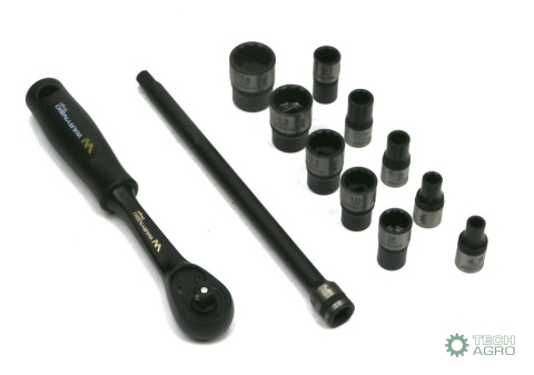 Zestaw 12 el. nasadki 1/4 przedłużka 12 cm grzechotka 4.5 5 6 7 8 9 10 11 13 14 Waryński