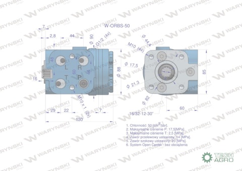 Orbitrol hydrauliczny W-ORBS 50 cm3/obrz zaworami (System Open Center - bez obciążenia) Waryński