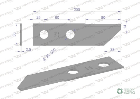 Nóż obrotowy rozdrabniacz słomy sieczkarnia 200x50x2.5mm otwór 20 zastosowanie HF40150 134830N Massey Ferguson WARYŃSKI ( sprzed